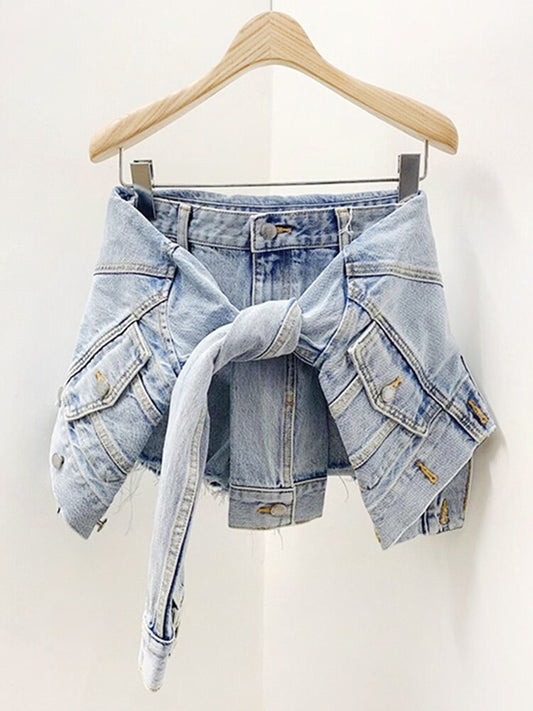 Jacket Tie Style Irregular Denim Shorts