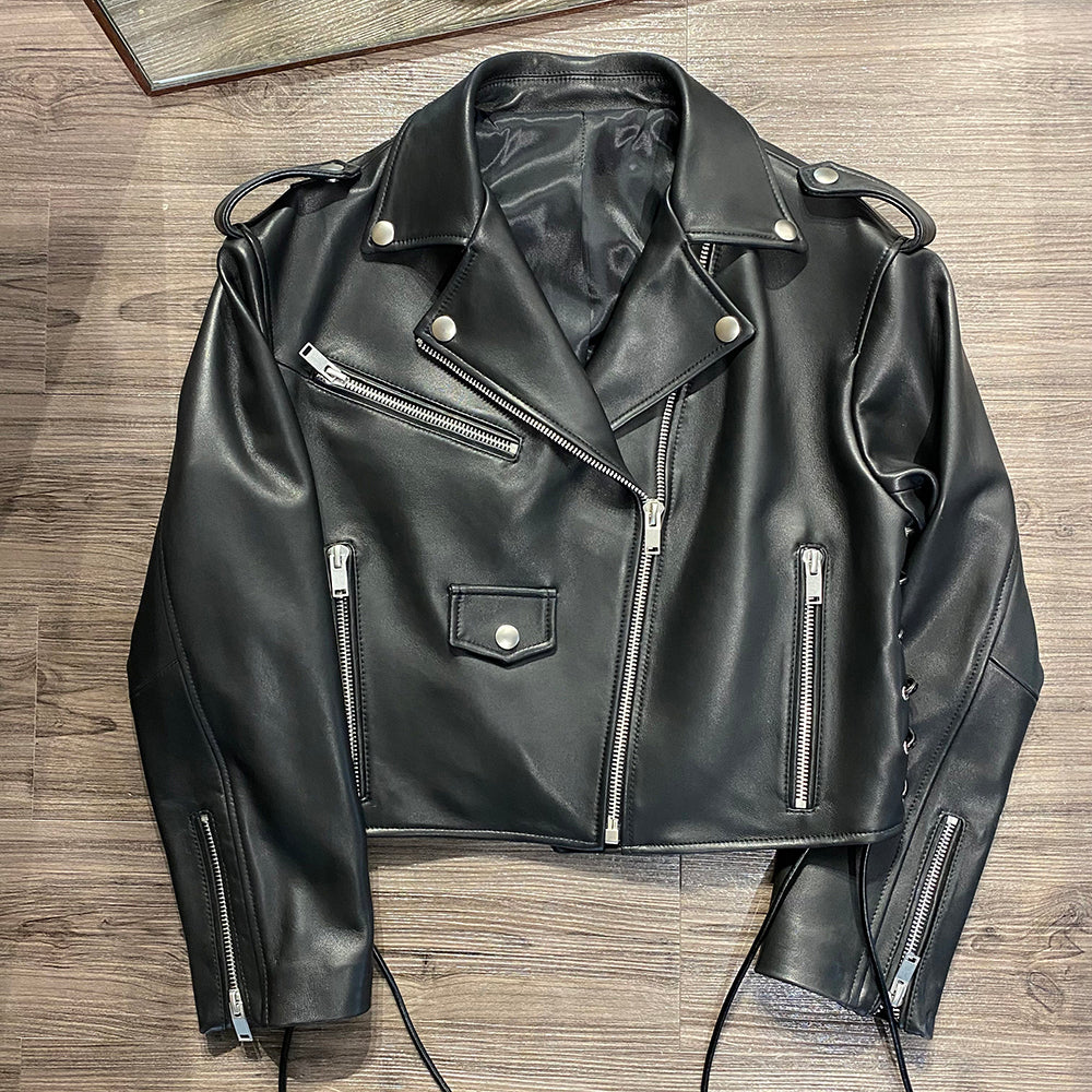 Genuine Leather Tie Up Short Moto Jackets