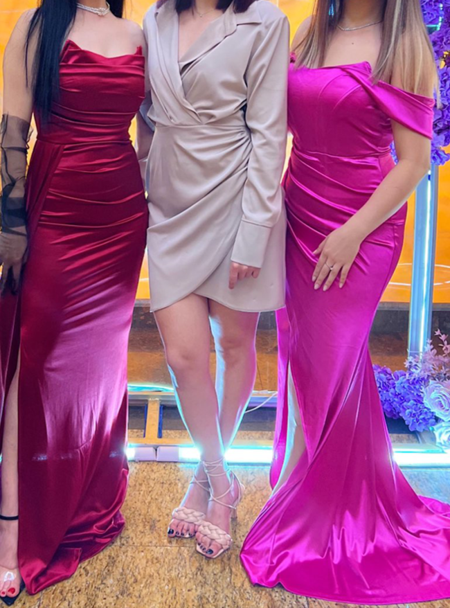 Satin Off The Shoulder Pleated Mid Split Dresses
