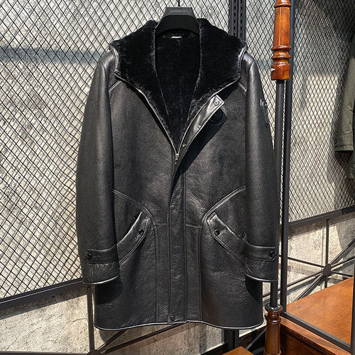 Genuine Leather Coats Black Real Shearling Fur Hooded