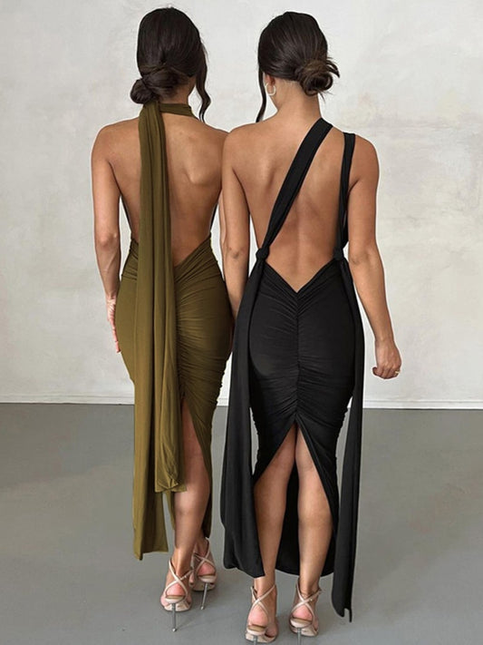 Deep V Sleeveless Backless Maxi Dresses
