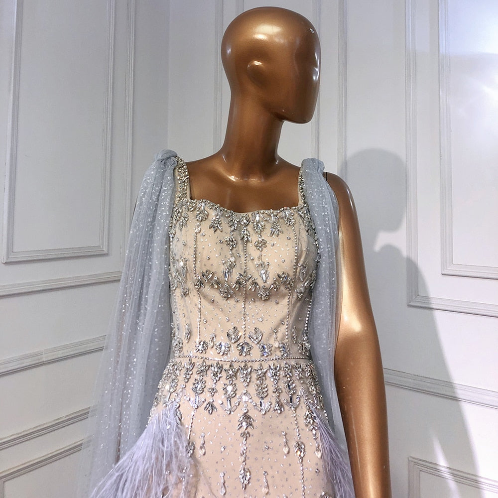 Crystal Feather Cape Sleeve Ankle Length Dresses