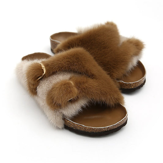 Real Mink Fur Slide Outdoor Flip Flops, Slipper