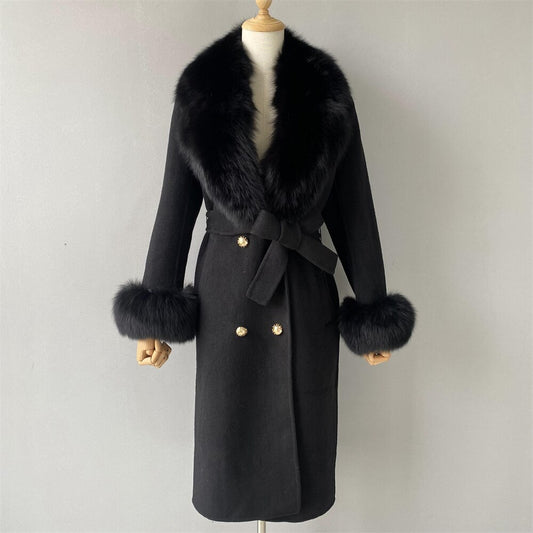 Cashmere Real Fur Collar & Cuffs Long Trench Coats