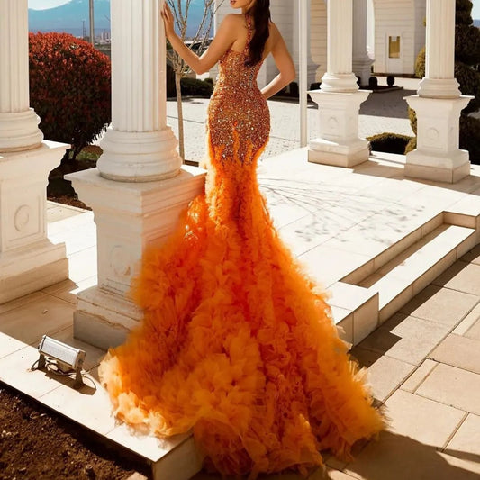 One Shoulder Tiered Ruffles Sequined Gowns