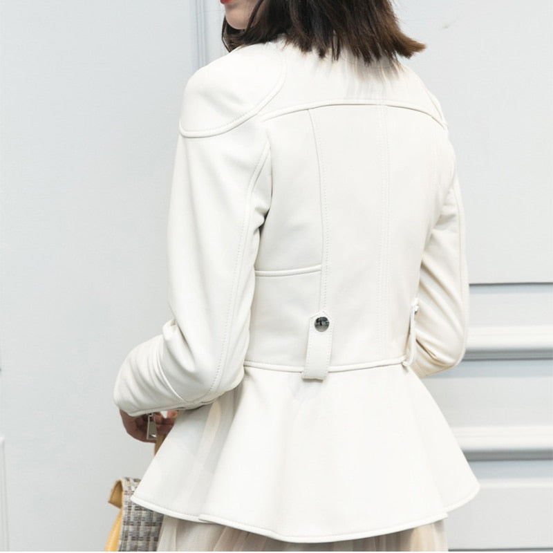 Genuine Leather Moto Jackets Ruffle Flare