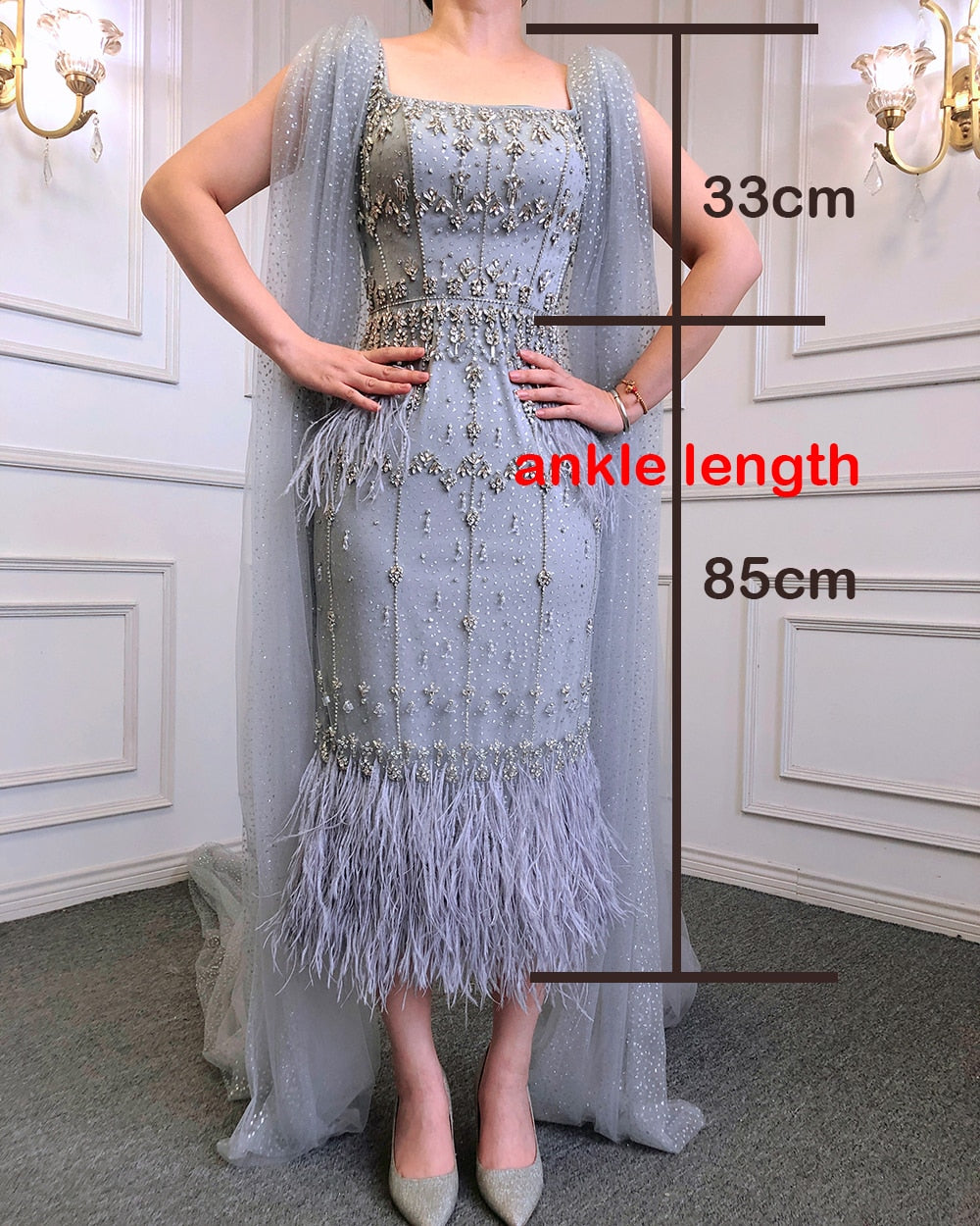Crystal Feather Cape Sleeve Ankle Length Dresses