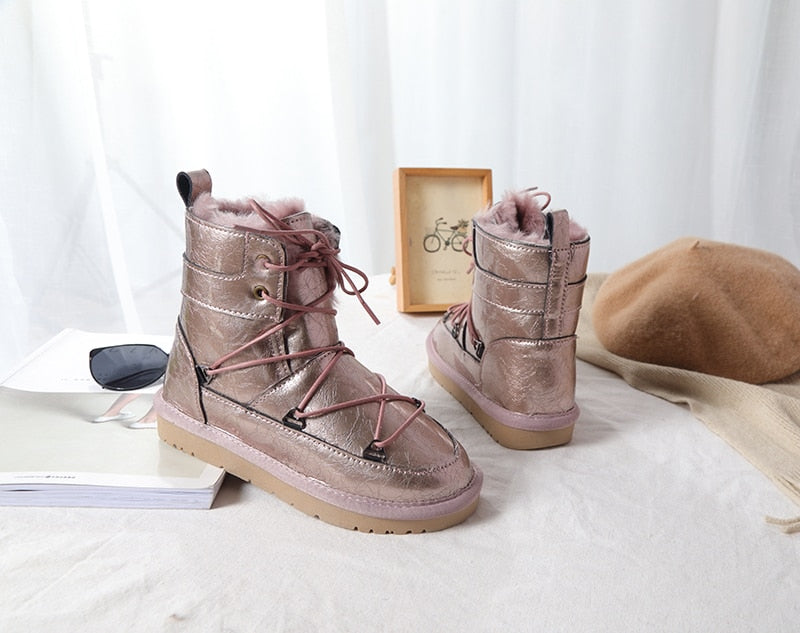 Patent Leather Natural Wool Fur Lined Snow Boots Waterproof