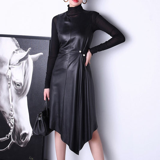 Genuine Leather Sleeveless Mid-Calf Dresses