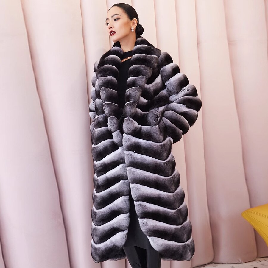 Luxury X-Long Real Fur Coat Chinchilla Style