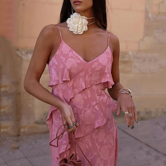 Sleeveless Floral Print Ruffled Slit Maxi Dresses