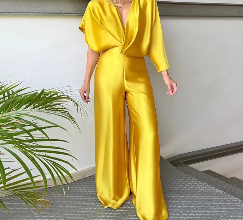 Deep V Short Sleeve Wide Leg Jumpsuits