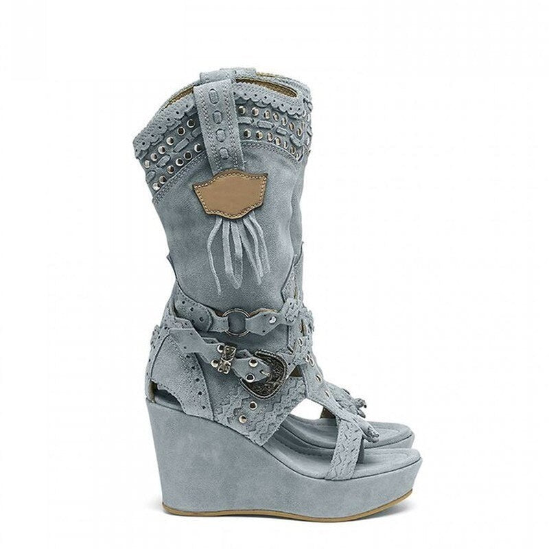 Retro Cowboy Wedge Sandal Boots