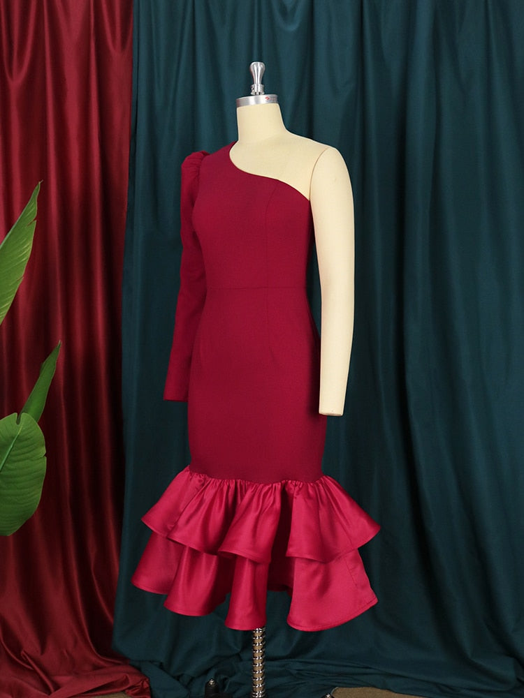 One Long Sleeve Ruffle Midi Dresses