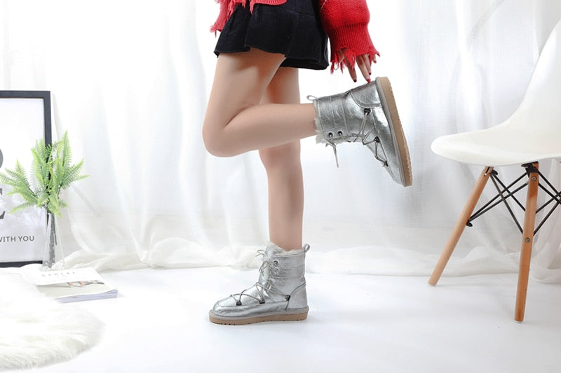 Patent Leather Natural Wool Fur Lined Snow Boots Waterproof