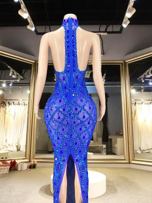 Blue Rhinestones Full Wrap Halter Sleeveless Dress