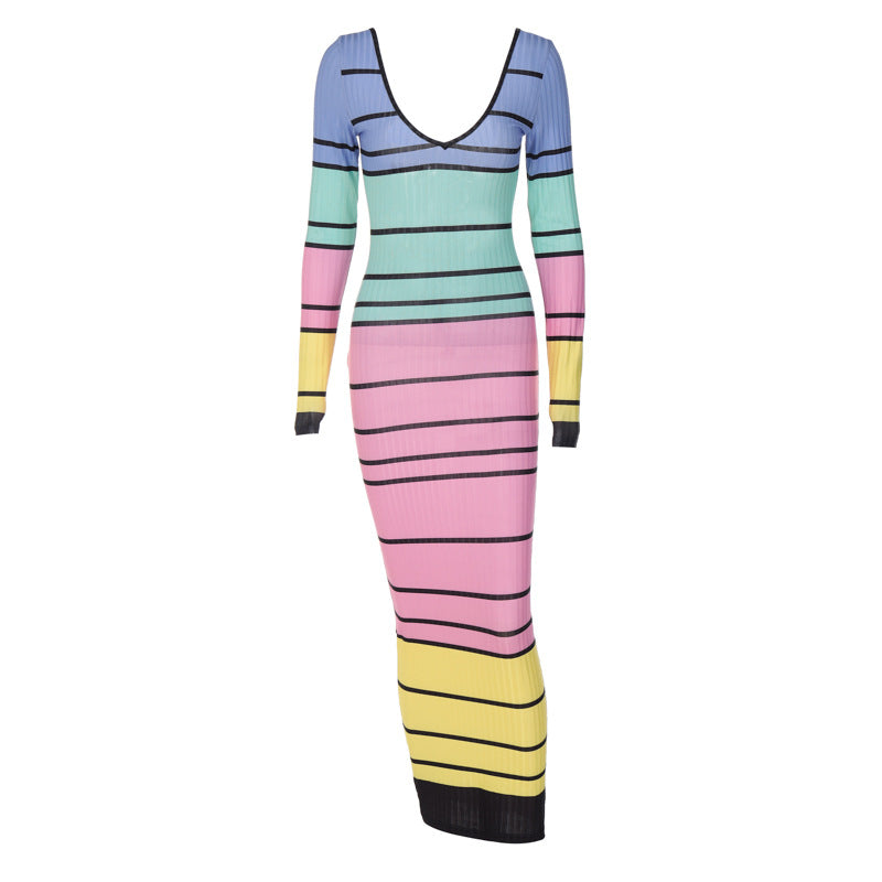 Colorful Stripe Backless Long Sleeve Maxi Dresses