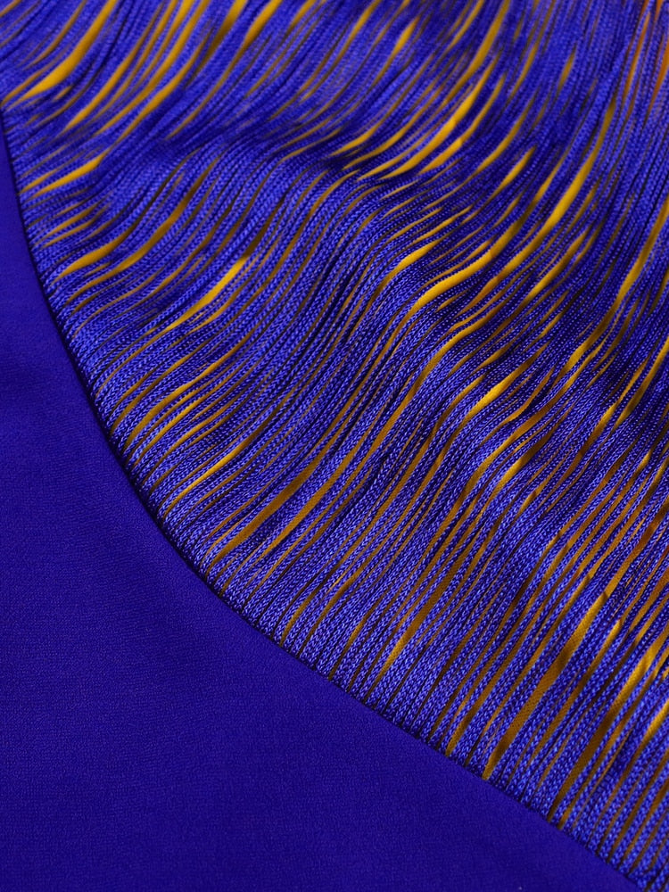 Yellow Blue Short Sleeves Tassel Dress