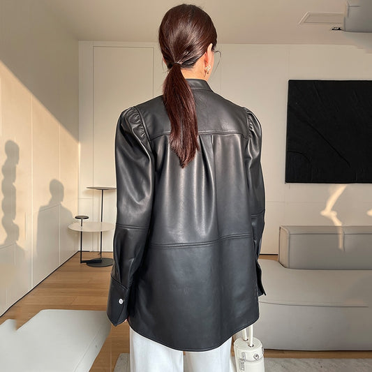 Genuine Leather Jacket Puff Shoulder