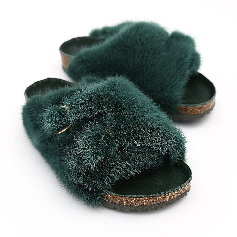 Real Mink Fur Slide Outdoor Flip Flops, Slipper