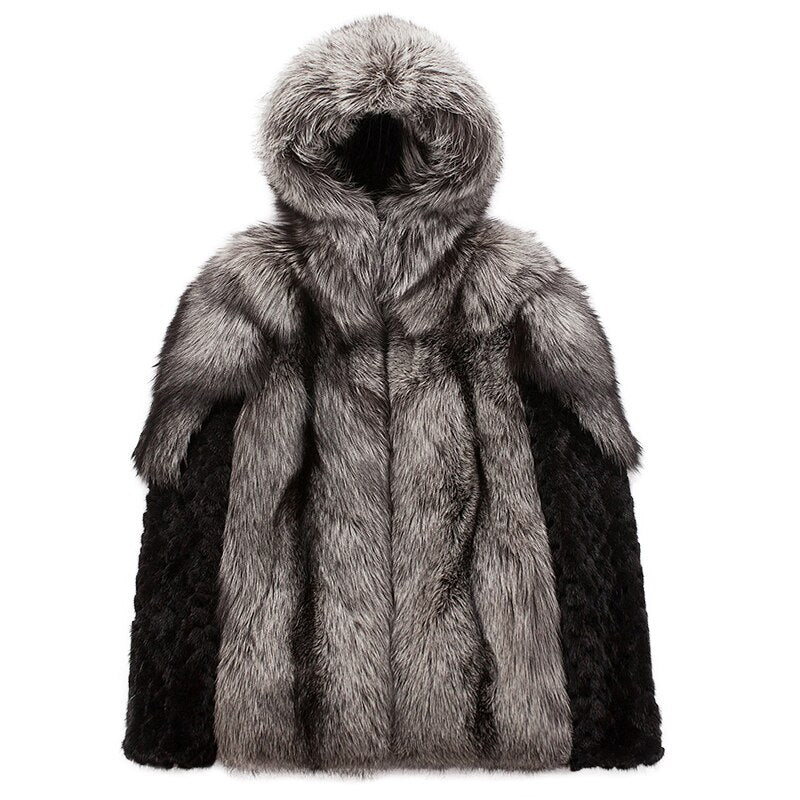 Real Fox Fur Hooded Coats Black Real Mink Fur Sleeves