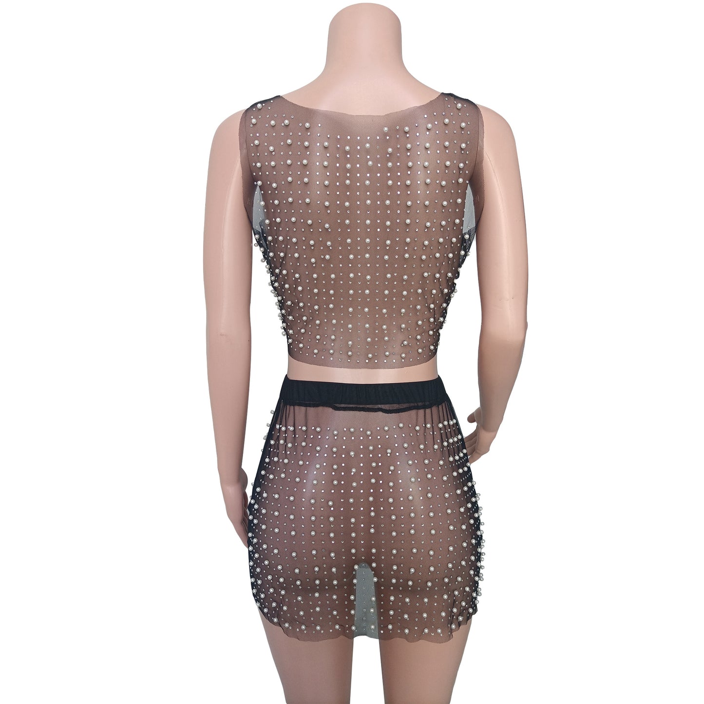 Mesh Diamond Beads Crop Top & Skirt Sets