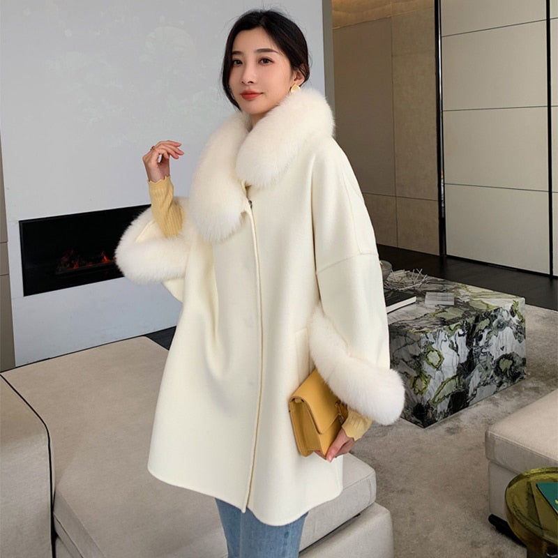 Double Sided Woolen Loose Pea Coats With Fur