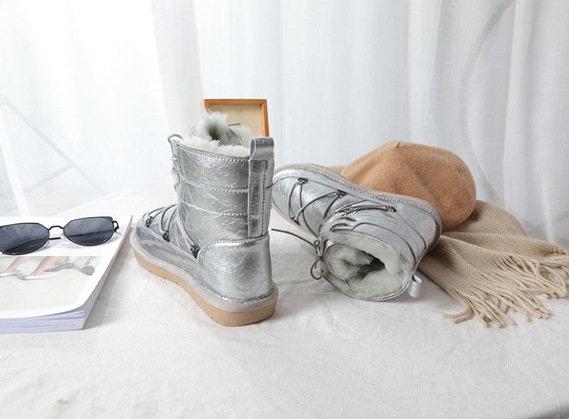 Patent Leather Natural Wool Fur Lined Snow Boots Waterproof
