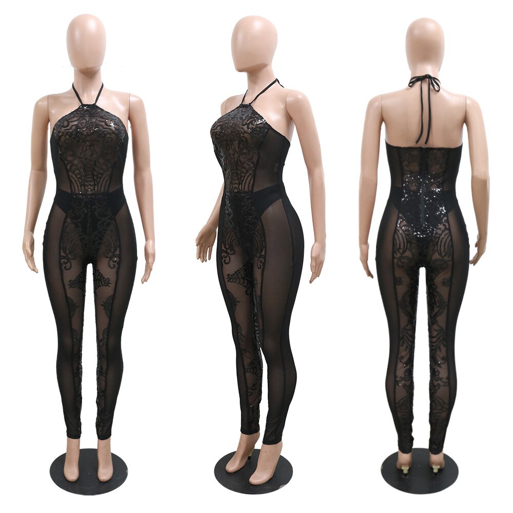 Black Mesh Sequin Halter Backless Jumpsuit