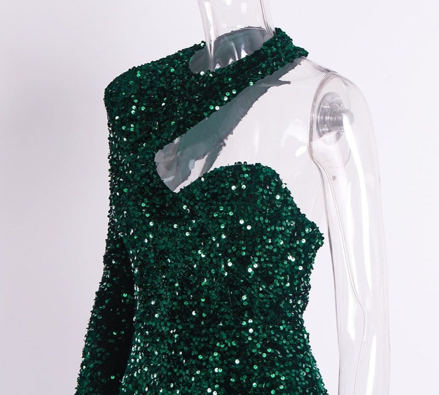 Sequin One Long Sleeve Maxi Evening Gowns