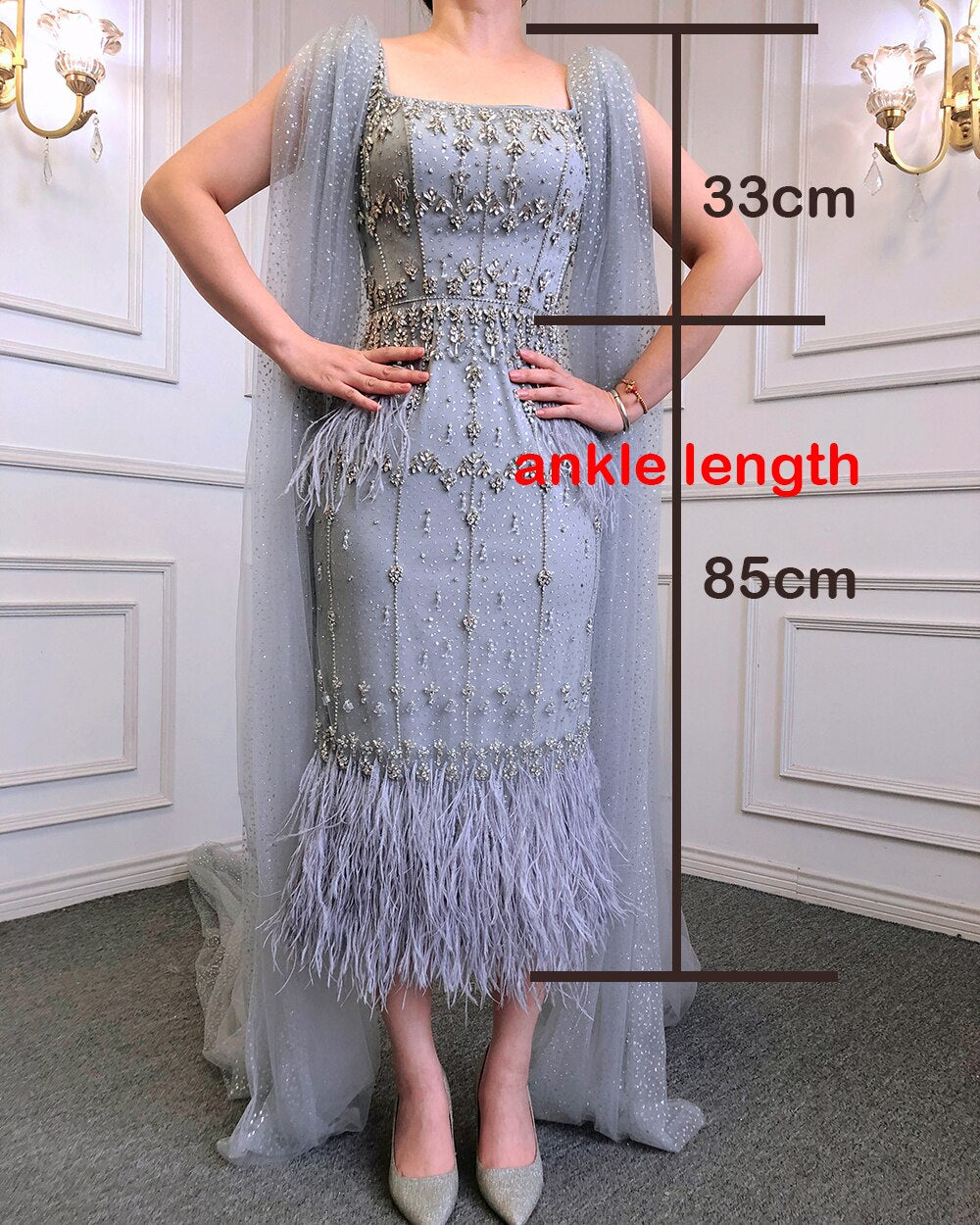 Crystal Feather Cape Sleeve Ankle Length Dresses