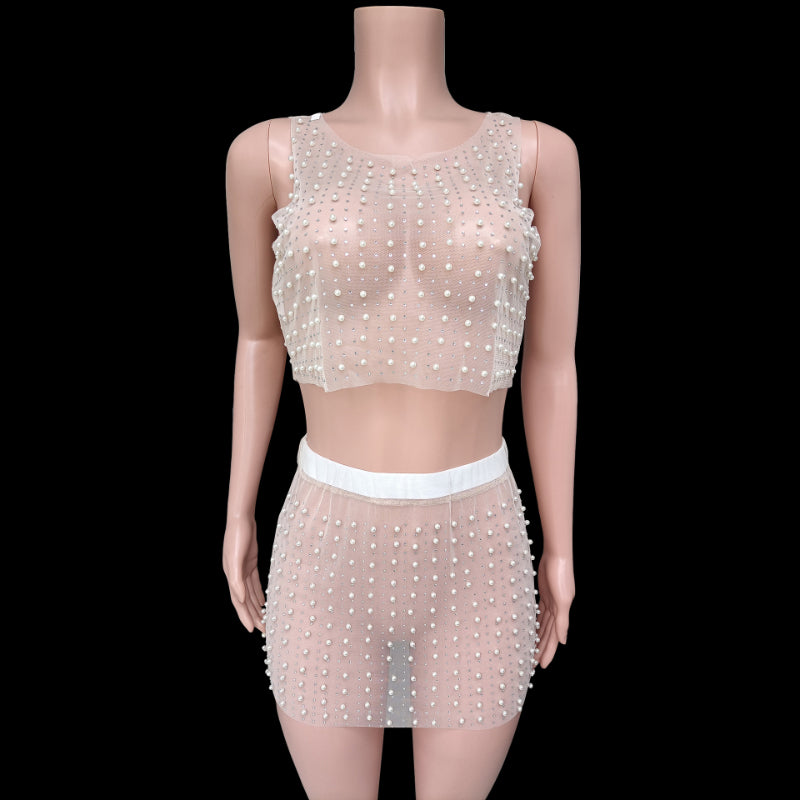 Mesh Diamond Beads Crop Top & Skirt Sets