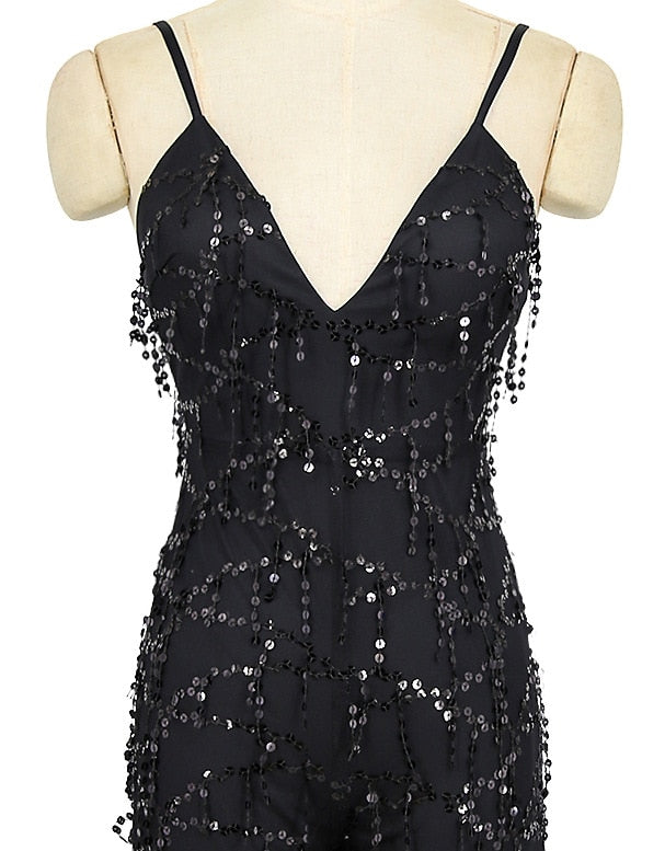 Deep V Neck Strap Sequins Tassel Jumpsuits