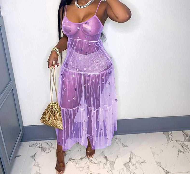 Mesh Star Spaghetti Strap Maxi Dresses