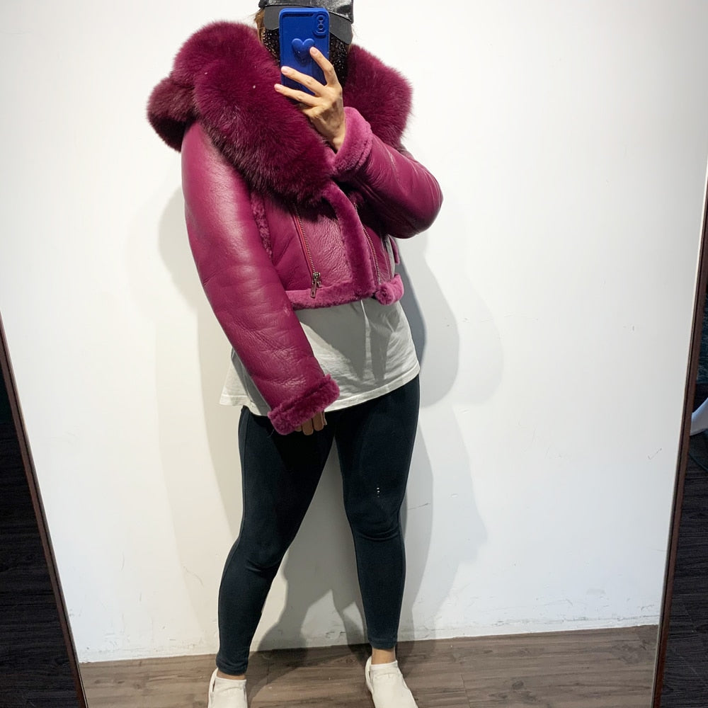 Genuine Leather Coat Real Shearling Fur Removable Hood