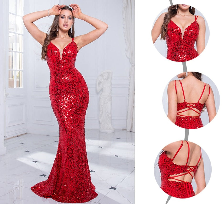 Sequin Sleeveless Deep V Bodycon Mermaid Dresses