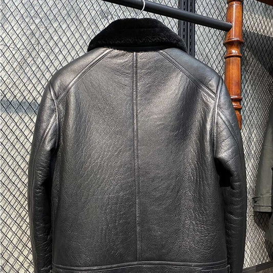Genuine Leather Coat Black Real Shearling Fur Lining