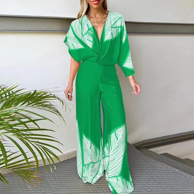 Deep V Short Sleeve Wide Leg Jumpsuits