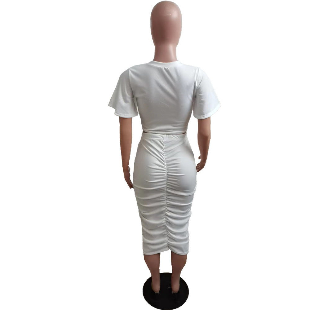 Solid Tie Hem Crop T & Midi Ruched Skirt Sets
