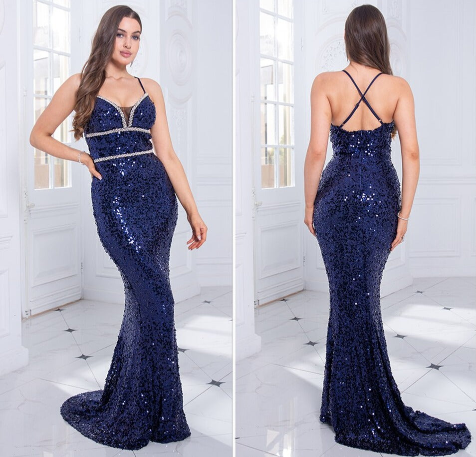 Sequin Crystal V Spaghetti Sleeveless Maxi Dress