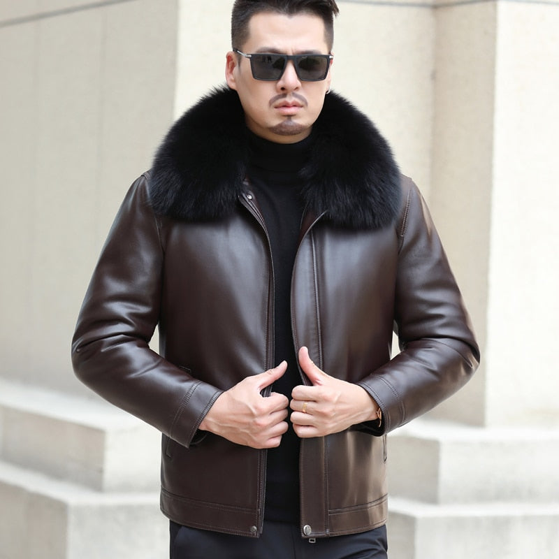 Genuine Leather Duck Down Coat Big Real Fur Collar