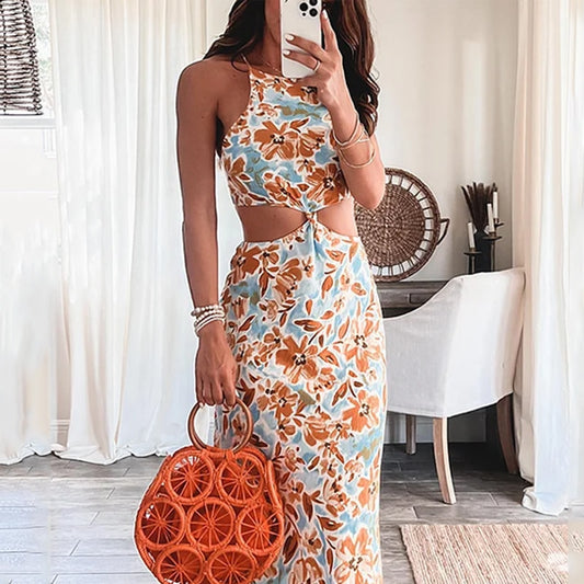 Floral Print Halter Sleeveless Hollow Maxi Dress