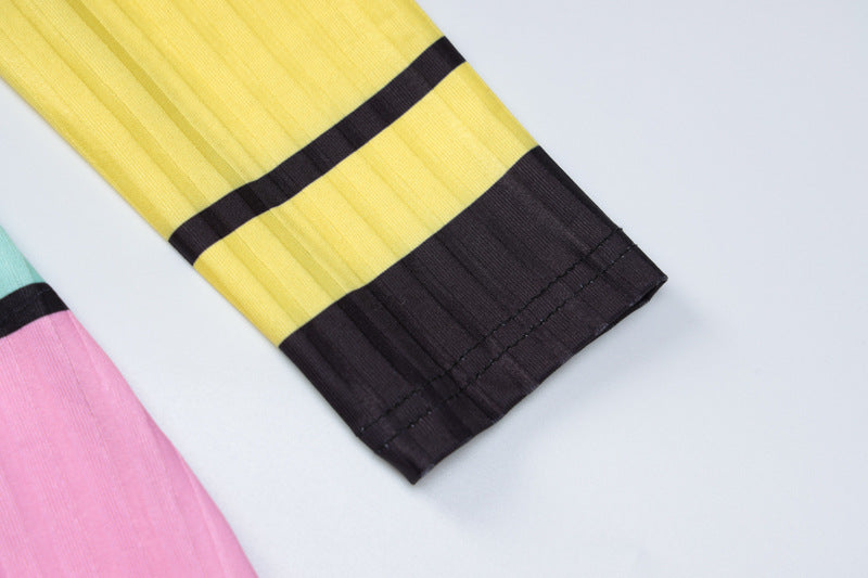 Colorful Stripe Backless Long Sleeve Maxi Dresses