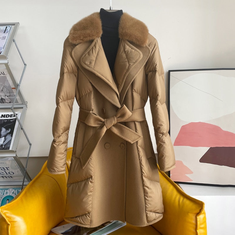 Cashmere Duck Down Mink Fur Collar Trench Coats