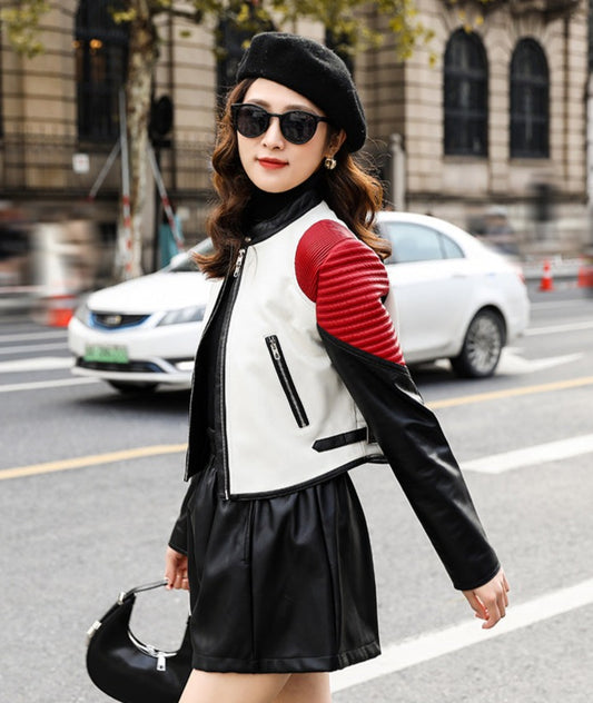 Genuine Leather Slim White Red Black Moto Jackets