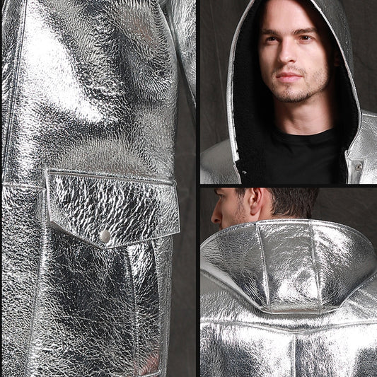Metallic Silver Genuine Leather Shearling Fur Lining Long Hooded Coat