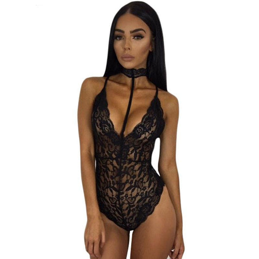 Lace Backless Deep V Neck Halter Bodysuits (Multi-Colors)