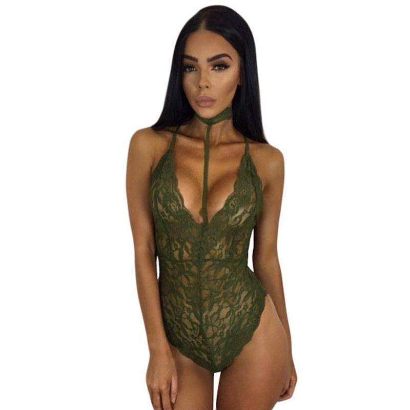 Lace Backless Deep V Neck Halter Bodysuits (Multi-Colors)