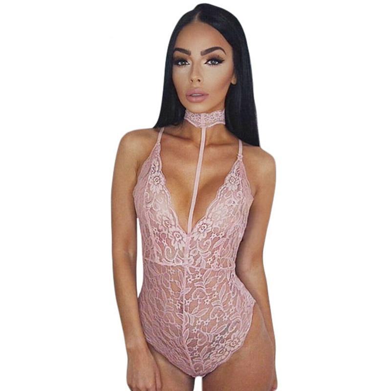 Lace Backless Deep V Neck Halter Bodysuits (Multi-Colors)
