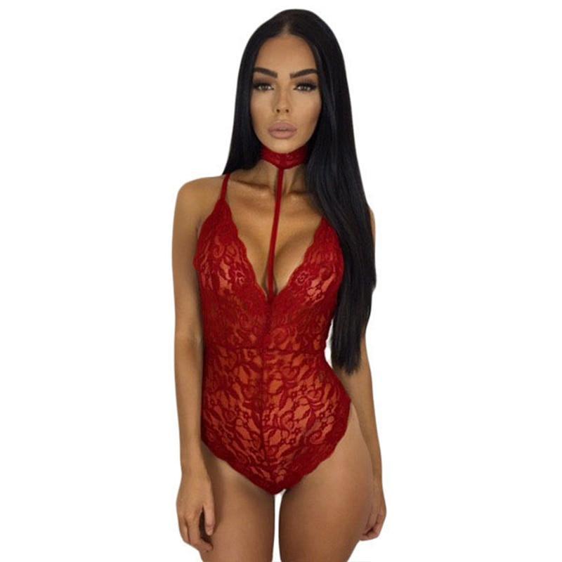 Lace Backless Deep V Neck Halter Bodysuits (Multi-Colors)